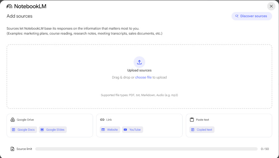 آموزش NotebookLM برای افزودن منابع