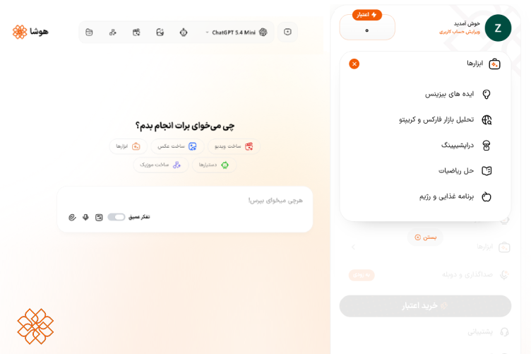 در این عکس تصویر سایت هوش مصنوعی هوشا و ابزارهای این پلتفرم نمایش داده شده است.