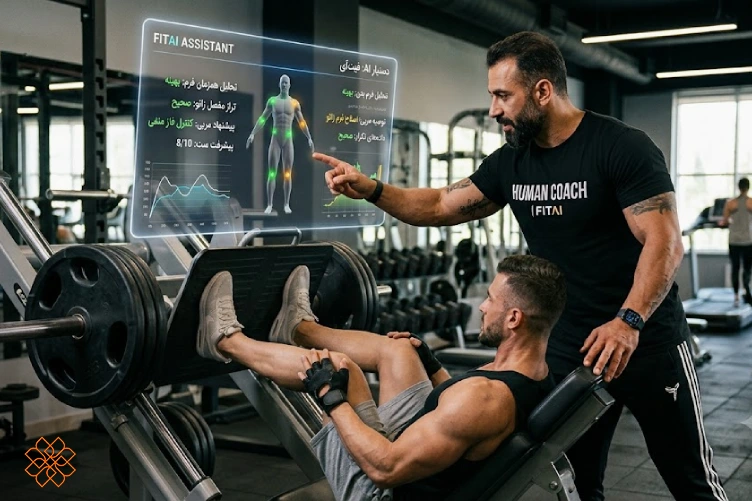 مربی بدنسازی انسانی در حال تحلیل اطلاعات داده شده توسط هوش مصنوعی برای ورزشکار