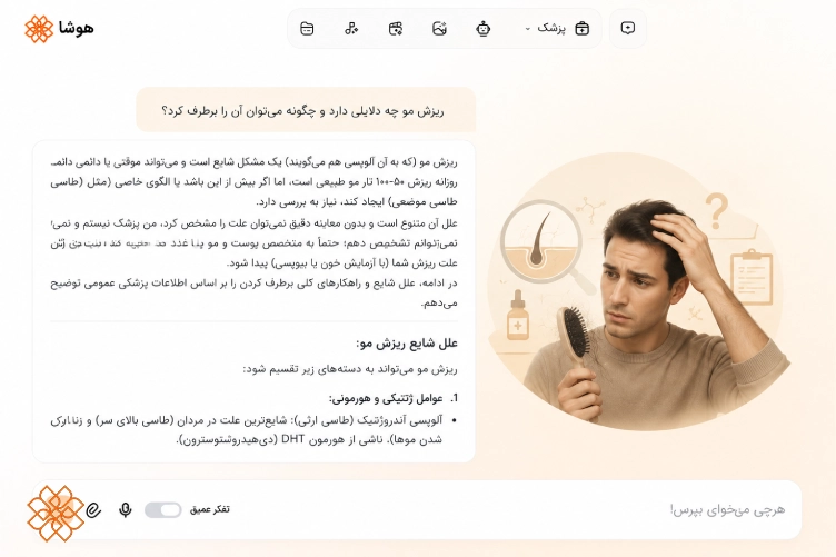 اسکرین شات از پاسخ به سوال دلایل ریزش مو در سایت هوش مصنوعی پزشک هوشا