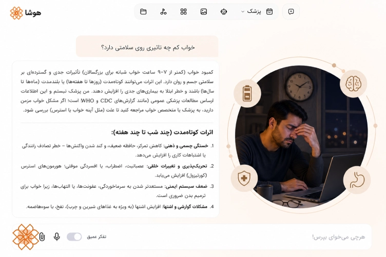 اسکرین شات از پاسخ به سوال تاثیر خواب بر سلامتی در پلتفرم هوش مصنوعی پزشک هوشا