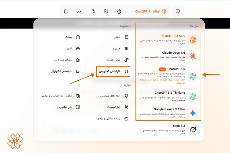 نحوه انتخاب مدلها و دستیار کارشناس کدنویسی در پلتفرم هوشا