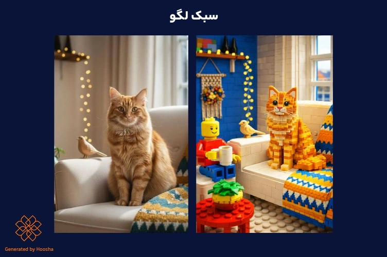 تبدیل عکس واقعی گربه نارنجی روی مبل به مدل ساخته شده با قطعات لگو در یک اتاق نشیمن فانتزی توسط هوش مصنوعی.