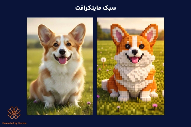 تبدیل عکس واقعی سگ نژاد کورگی به مدل پیکسلی و بلوکی در دنیای بازی ماینکرافت.
