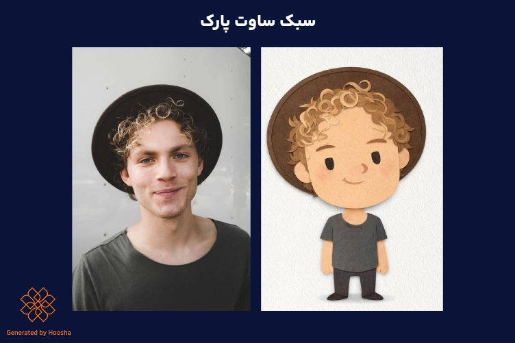 مقایسه تصویر واقعی مرد جوان با کلاه و موی فر با کاراکتر بازسازی شده به سبک انیمیشن ساوت پارک