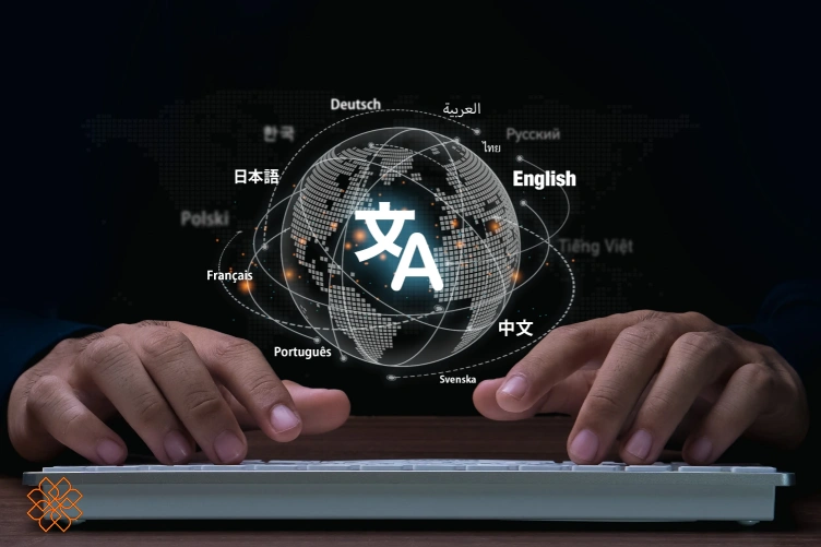دست درر حال تایپ روی کیبورد با آیکن ترجمه و زبانهایمختلف