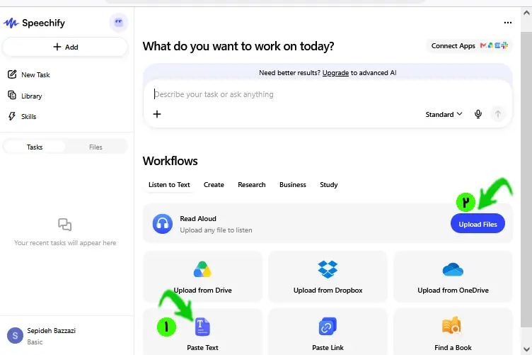 صفحه اصلی speechify با بخش workflows برای شروع کار با متن و فایل