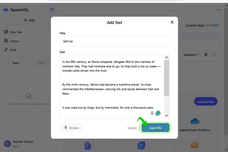 پنجره add text در speechify برای وارد کردن متن انگلیسی