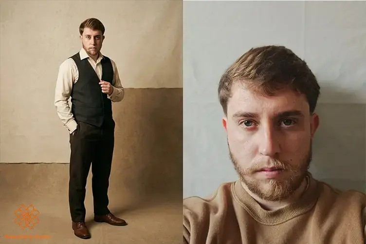 قبل و بعد ساخت عکس با پرامپت عکس آتلیه ای کلاسیک با کرم و قهوهای