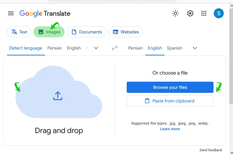 بخش images در google translate برای بارگذاری تصویر و استخراج متن با ocr