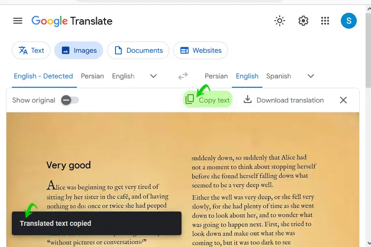 تصویر ترجمهشده در google translate با گزینه copy text برای استخراج متن