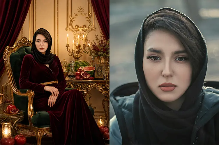 قبل و بعد تست پرامپت عکس آتلیه ای هوش مصنوعی شب یلدا با دکوراسیون مجلسی و اشرافی