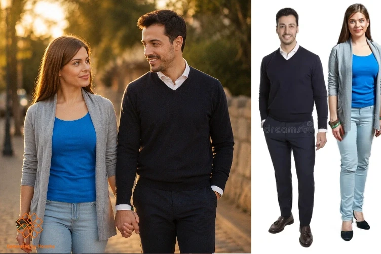عکس مرجع و خروجی پرامپت دست در دست احساسی دونفره با هوش مصنوعی هوشا