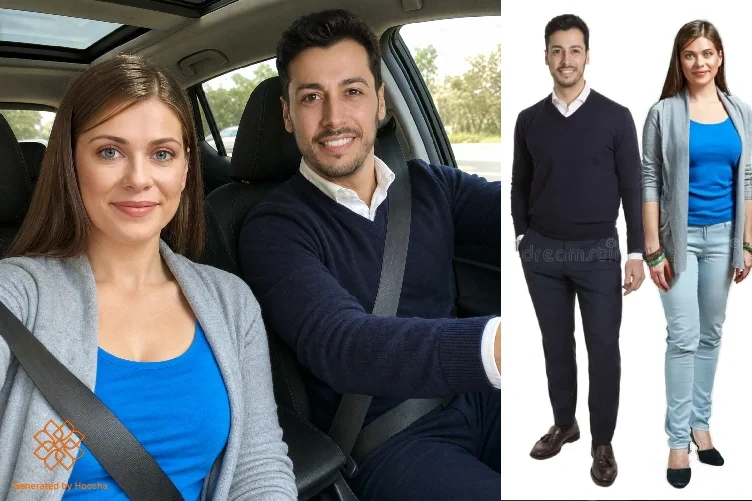 عکس مرجع و خروجی پرامپت عکس دونفره تو ماشین با هوش مصنوعی هوشا