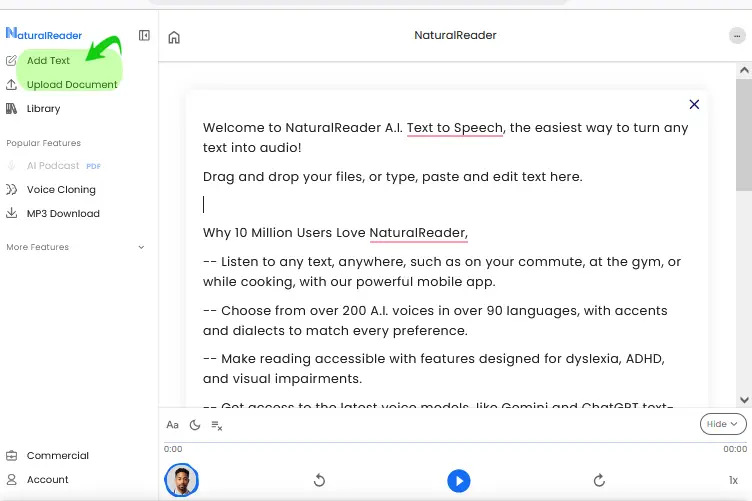 ورود به naturalreader و افزودن متن