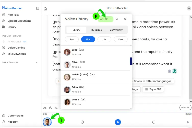 فهرست voice library در naturalreader برای انتخاب صدای خوانش متن
