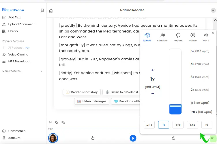 منوی تنظیم سرعت در naturalreader