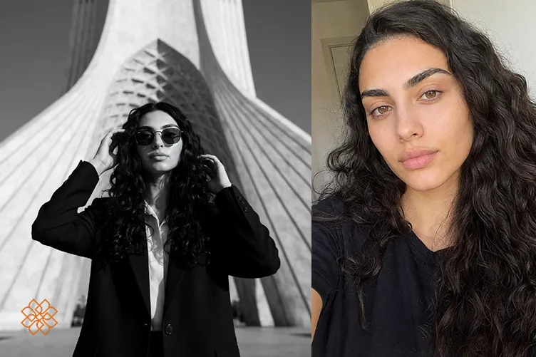 نمونه خروجی پرامپت عکس سیاه و سفید دخترانه در کنار برج آزادی
