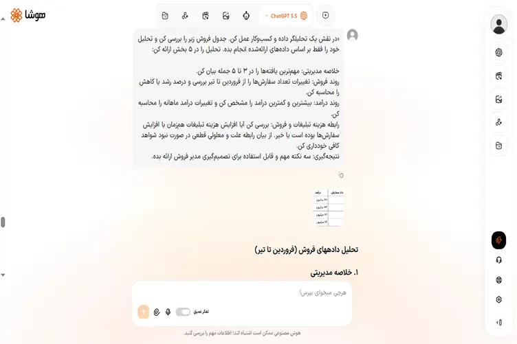 پرامپت مهندسیشده برای تحلیل جدول در هوشا
