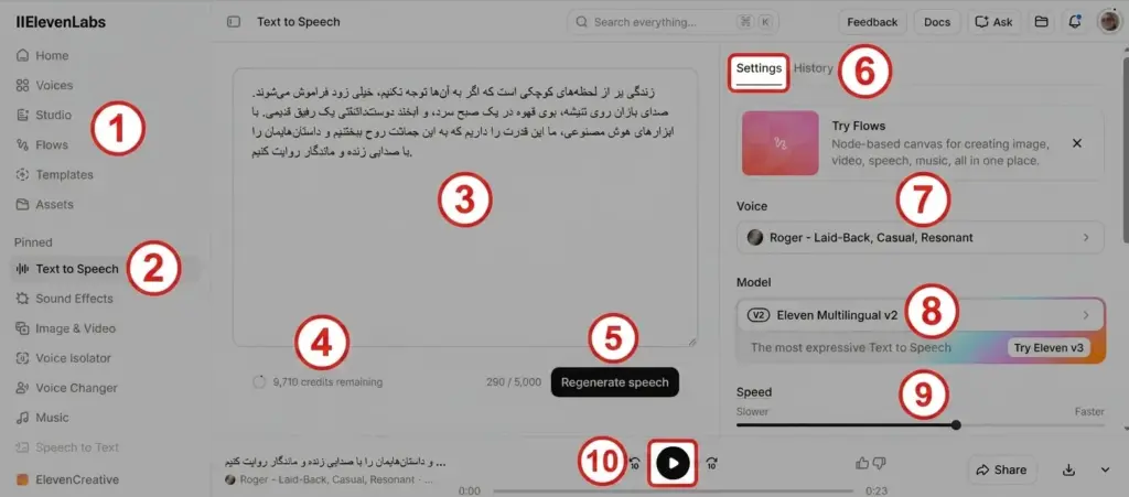 محیط کاری سایت ElevenLabs برای تبدیل متن به صدا