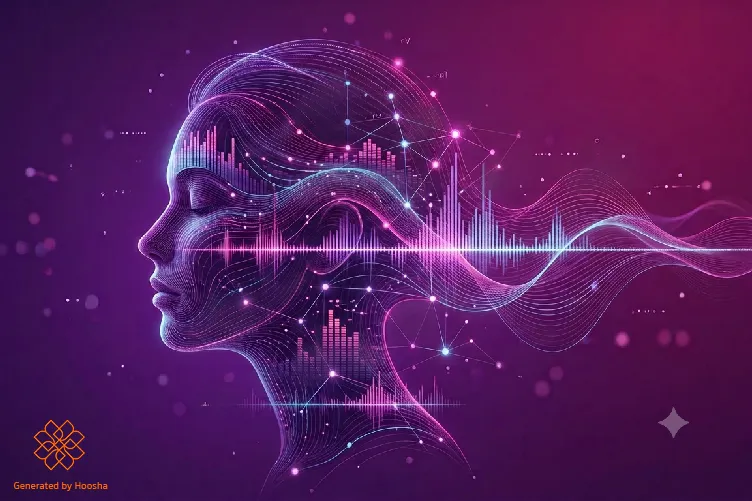 امواج صوتی دیجیتال و نیمرخ زنانه برای تبدیل متن به صدای دختر با هوش مصنوعی