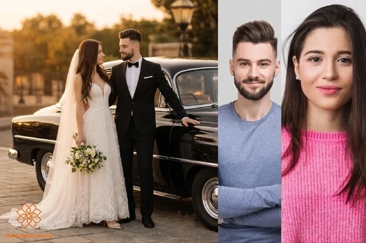 عکس مرجع و خروجی پرامپت عکس عروس و داماد با ماشین کلاسیک در غروب با هوش مصنوعی هوشا
