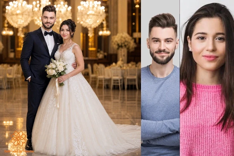 عکس مرجع و خروجی پرامپت عکس عروسی تمامقد در تالار مجلل با هوش مصنوعی هوشا