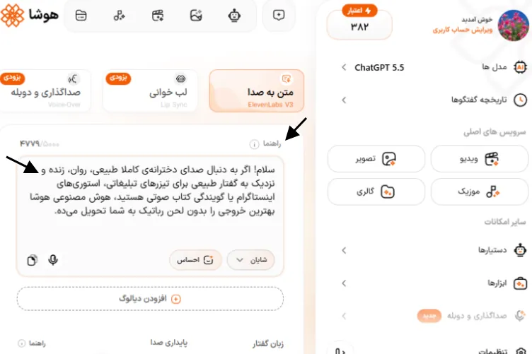 وارد کردن متن فارسی در پنل هوشا برای تبدیل به صدای دختر