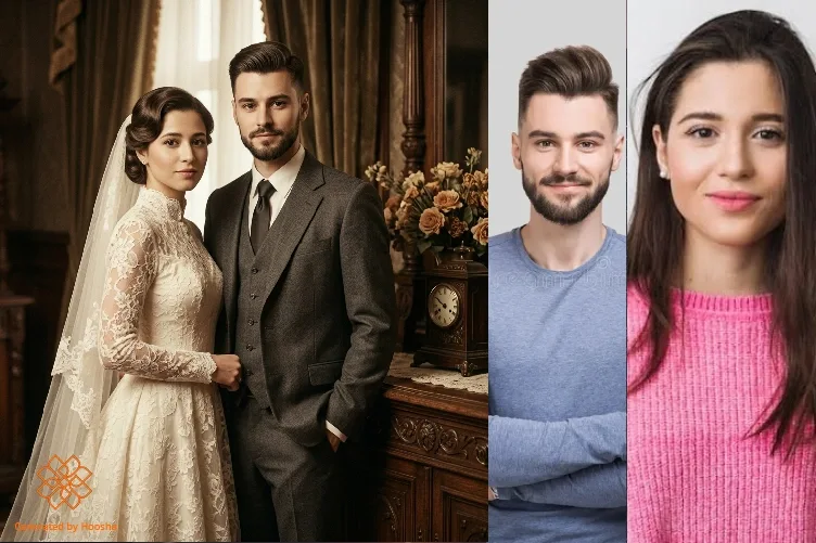 عکس مرجع و خروجی پرامپت عکس عروسی کلاسیک و وینتیج با هوش مصنوعی هوشا