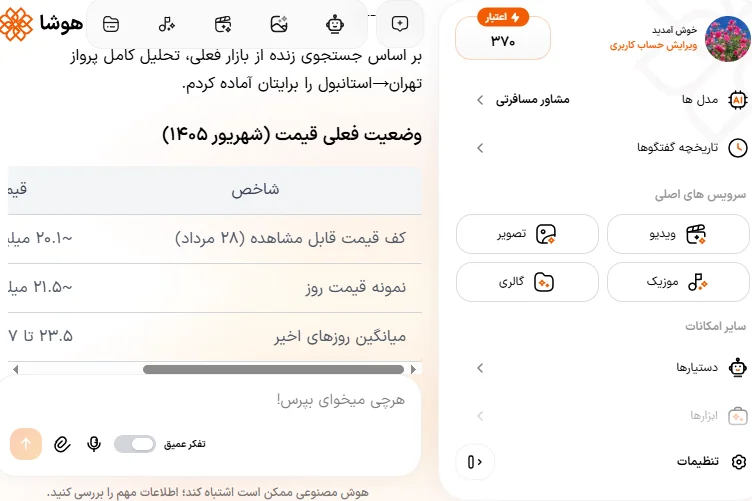 اسکرین شات تحلیل قیمت و شرایط پرواز خارجی تهران به استانبول در هوشا