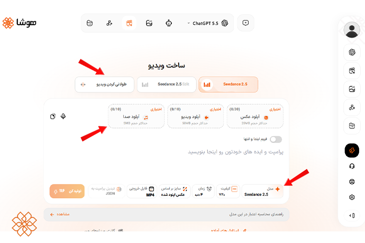 اسکرین شات مدل Seedance در سرویس ویدیو هوشا