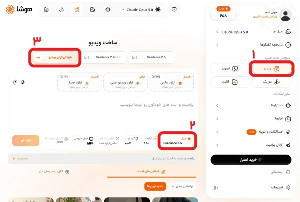 اسکرینشات از ورود به بخش ساخت ویدیو و انتخاب مدل در پنل هوشا