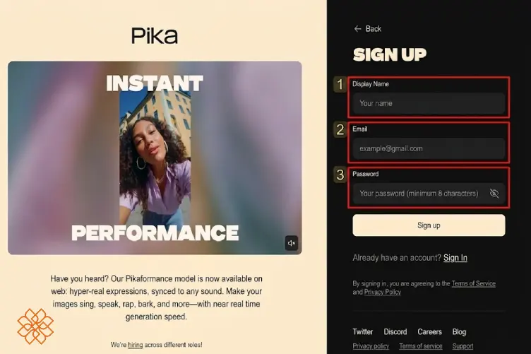 اسکرین شات از مرحله ثبت نام در pika