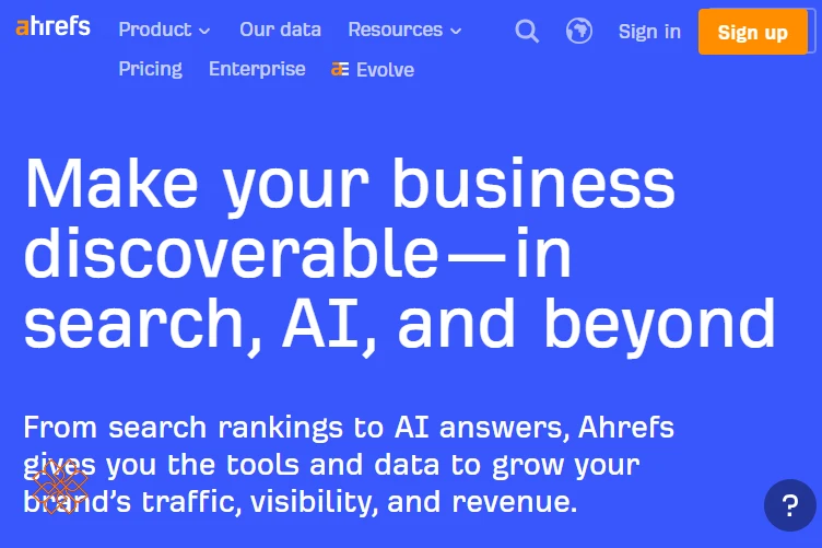 اسکرین شات از صفحه اصلی سایت اچرفس Ahrefs برای آنالیز کلمات کلیدی و بک لینک
