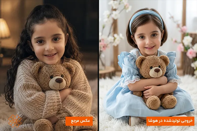 مقایسه تصویر اصلی دختر بچه با پلیور قهوهای و خروجی هوش مصنوعی با لباس آبی و تل سر.