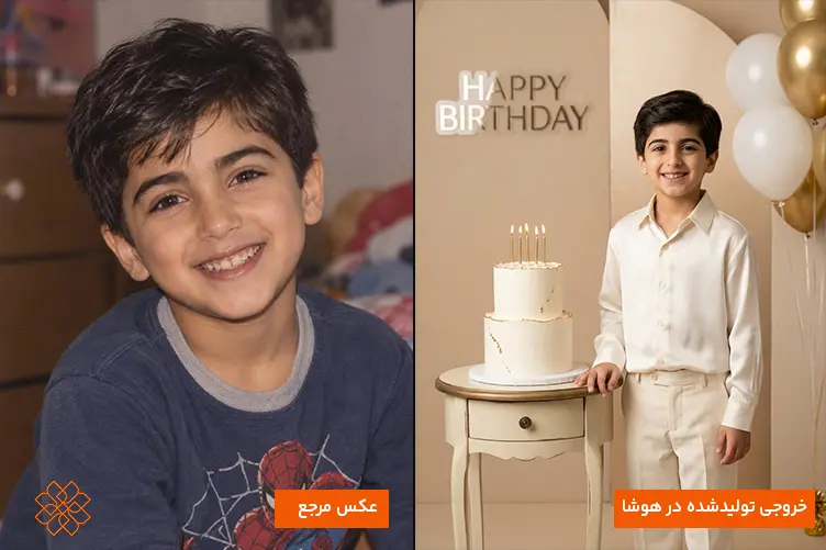 مقایسه عکس مرجع پسر بچه با تیشرت اسپایدرمن و خروجی هوش مصنوعی با لباس رسمی در دکور تولد.