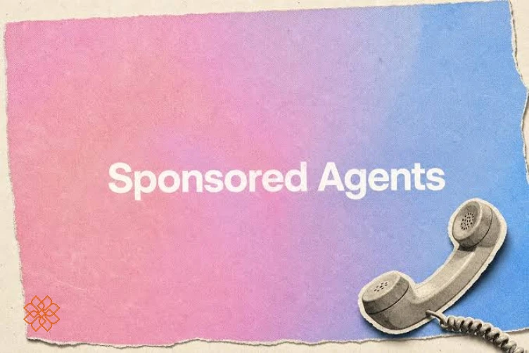 تکه کاغذ صورتی و آبی با متن Sponsored Agents و یک گوشی تلفن کلاسیک کرم رنگ