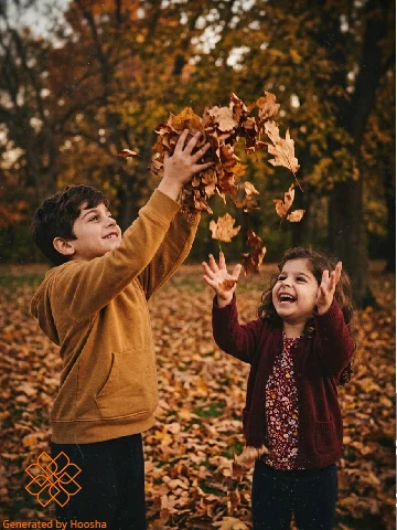 خروجی پرامپت عکس بچگی با پارتنر در حال بازی با برگ های پاییزی