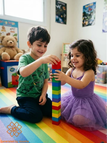 خروجی پرامپت عکس بچگی با پارتنر در اتاق بازی با بلوکهای خانه سازی