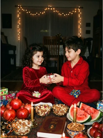 خروجی پرامپت عکس بچگی با پارتنر در شب یلدا کنار سفره سنتی
