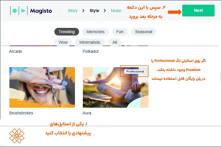 بخش انتخاب استایلهای ویدیویی (Style) در ابزار Magisto به همراه دکمه Next و راهنمای استایلهای Professional و Premium