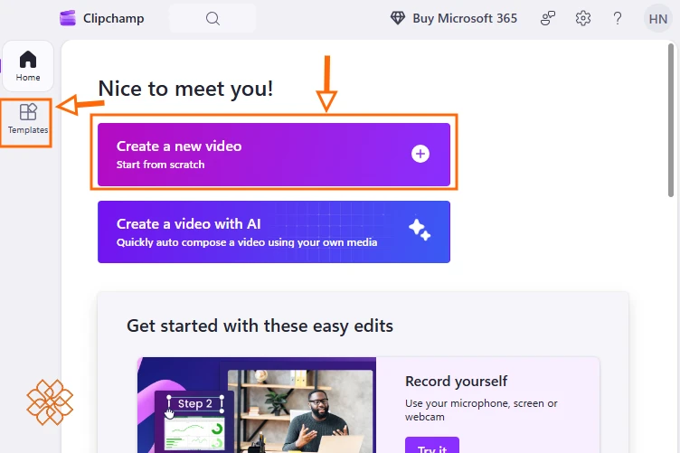 صفحه اصلی نرمافزار Clipchamp و دکمه ایجاد ویدیوی جدید