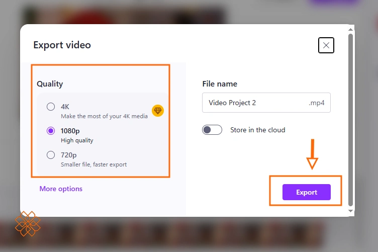پنجره انتخاب کیفیت خروجی و ذخیره ویدیو در Clipchamp