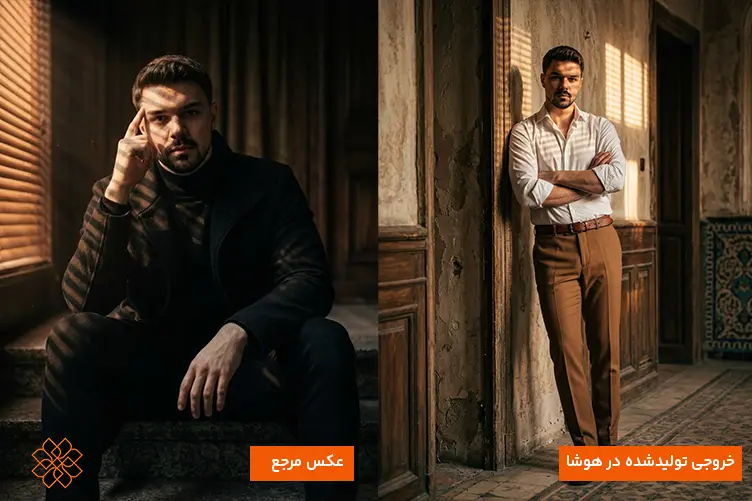 مقایسه عکس مرجع مرد با پالتو و خروجی هوش مصنوعی با پیراهن و شلوار پارچهای با نورپردازی مشابه.