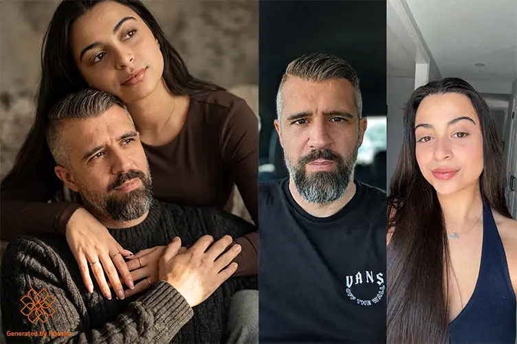 قبل و بعد ساخت عکس با پرامپت عکس دونفره پدر دختری با تم پاییزی و استایل قهوهای
