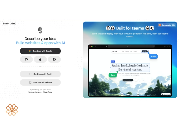 صفحه اصلی و ورود به پلتفرم Emergent AI