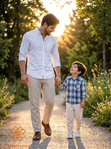 عکس احساسی قدم زدن پدر و پسر بچه در پارک هنگام غروب
