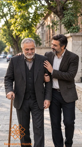 عکس احساسی کمک پسر به پدر میانسال دارای عصا در خیابان