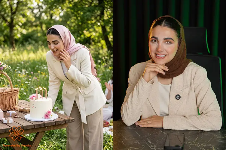 قبل و بعد تست پرامپت ساخت عکس تولد با هوش مصنوعی؛ جشن تولد زنانه در فضای باغ و کیک با تزئینات گل