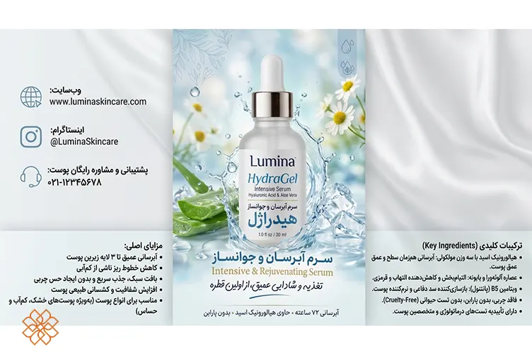 طراحی نهایی و خروجی بروشور تبلیغاتی سرم آبرسان و جوانساز هیدراژل Lumina با هوش مصنوعی هوشا شامل اطلاعات محصول، مزایا و راه ارتباطی